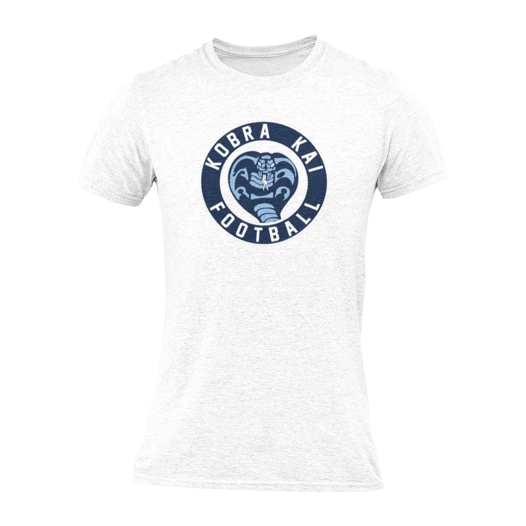 A white short-sleeve crewneck t-shirt with a navy blue circular graphic on the chest featuring a snake head and the text &