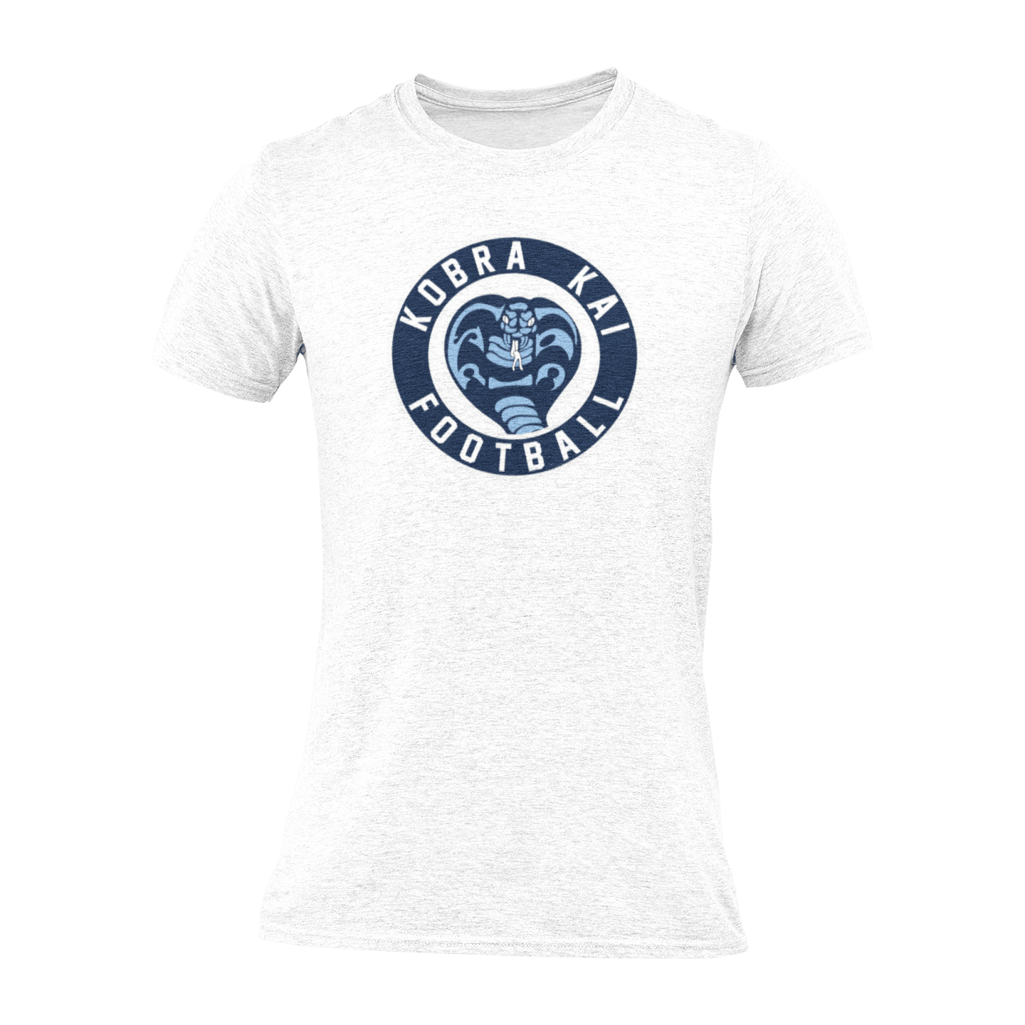 A white short-sleeve crewneck t-shirt with a navy blue circular graphic on the chest featuring a snake head and the text 'KOBRA KAI FOOTBALL'.