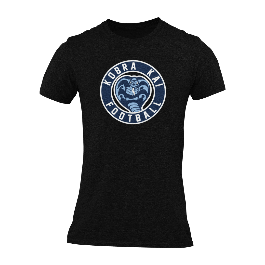 A black short-sleeve crewneck t-shirt with a navy blue circular graphic on the chest featuring a snake head and the text &