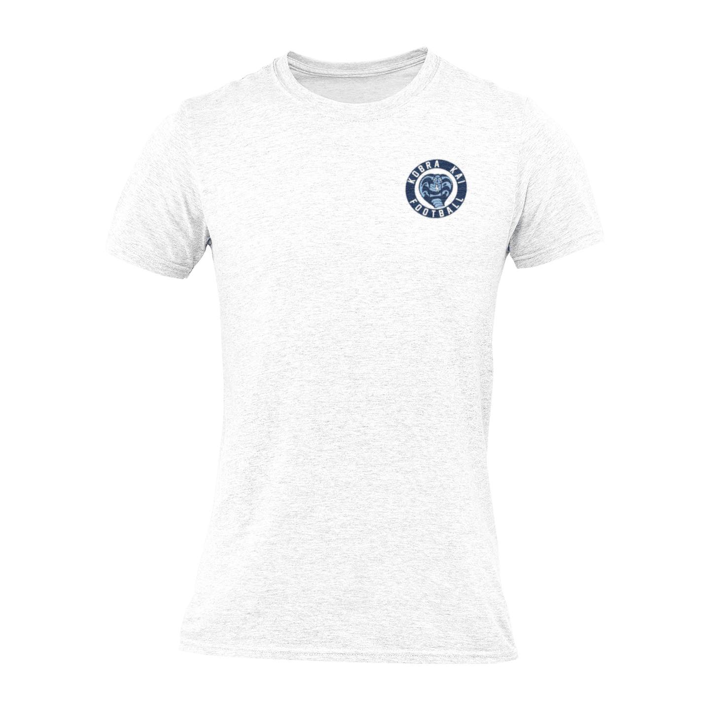 A white short-sleeve crewneck t-shirt with a circular navy blue Kobra Kai Football logo displayed on the upper chest.