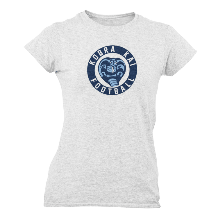 A white short-sleeve t-shirt with a circular 'Kobra Kai Football' logo printed on the chest.