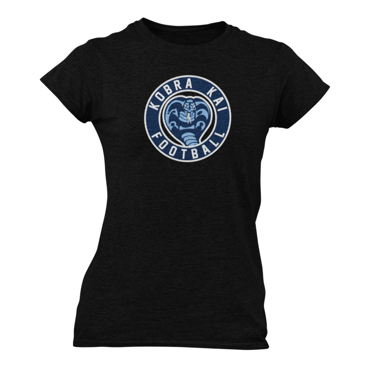 A black short-sleeve t-shirt with a circular 'Kobra Kai Football' logo printed on the chest.