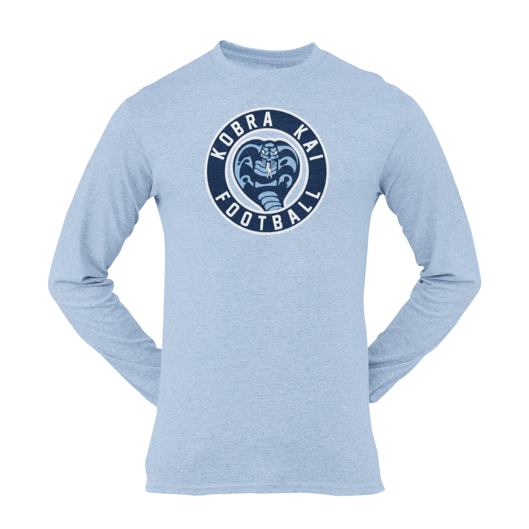 A light heather blue long-sleeve t-shirt with a circular &