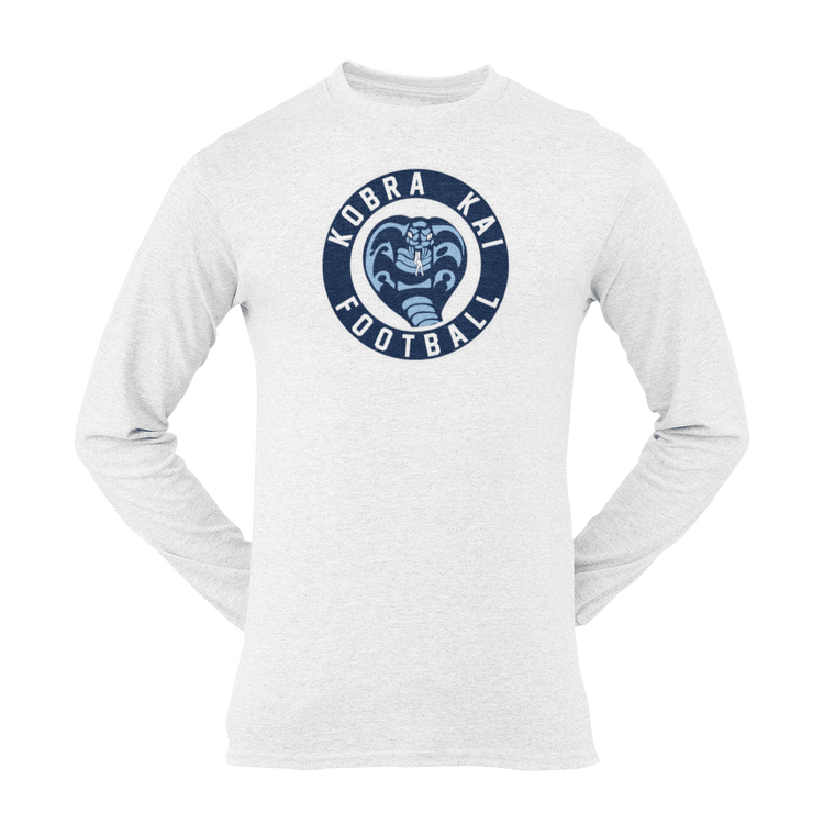 A white long-sleeve t-shirt with a circular 'KOBRA KAI FOOTBALL' Logo printed on the chest.