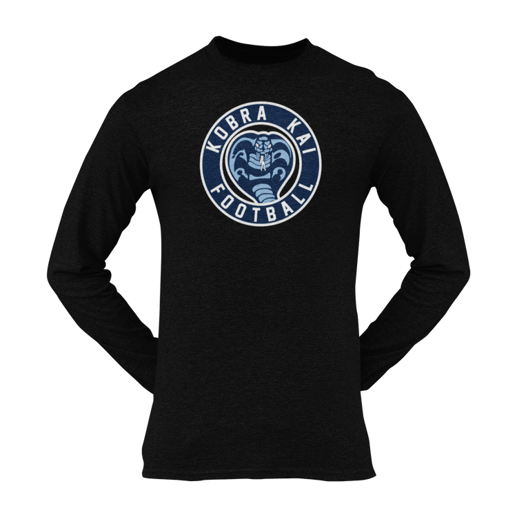 A black long-sleeve t-shirt with a circular 'KOBRA KAI FOOTBALL' Logo printed on the chest.