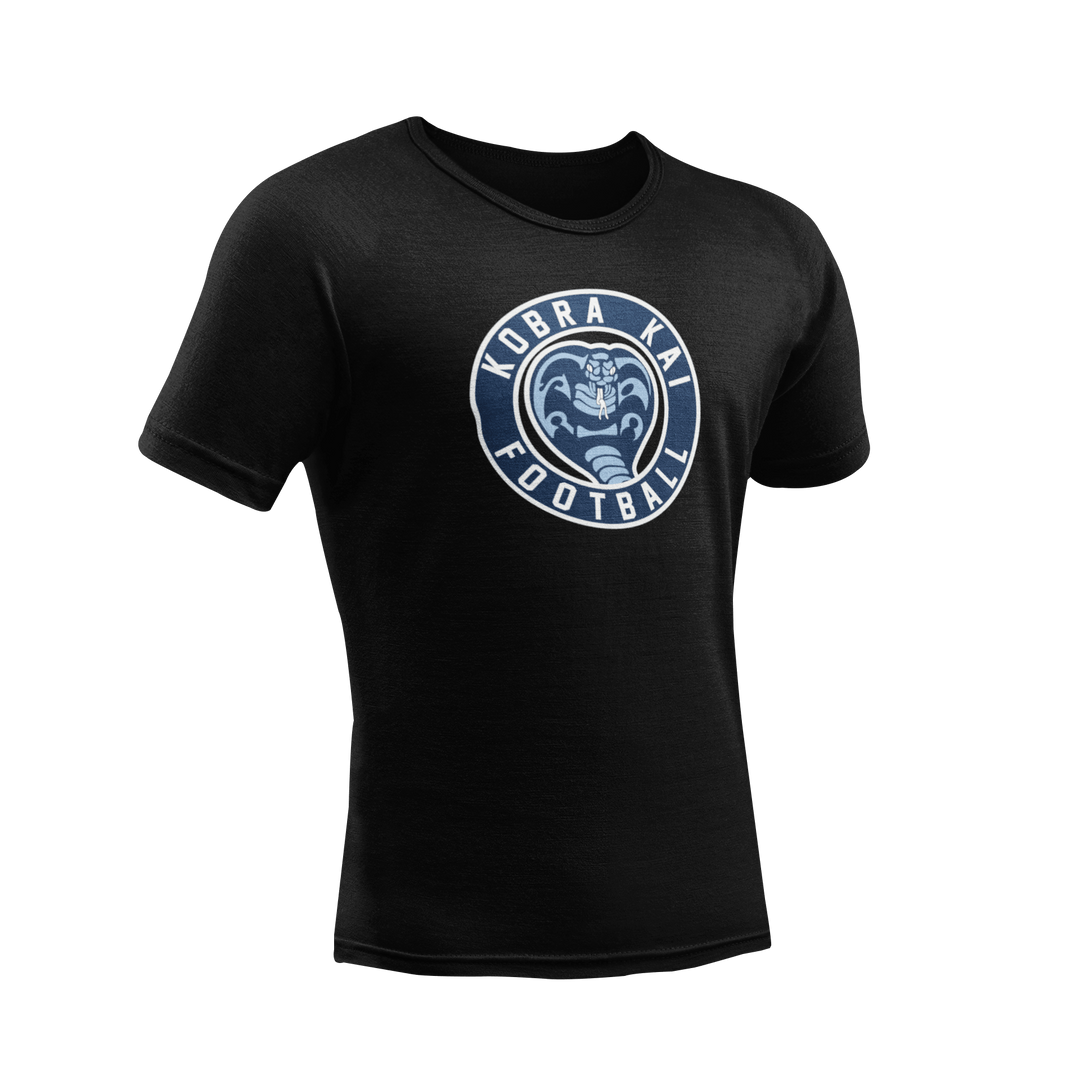 A black short-sleeve crewneck t-shirt featuring a circular navy blue graphic on the chest with a cobra snake and the text &