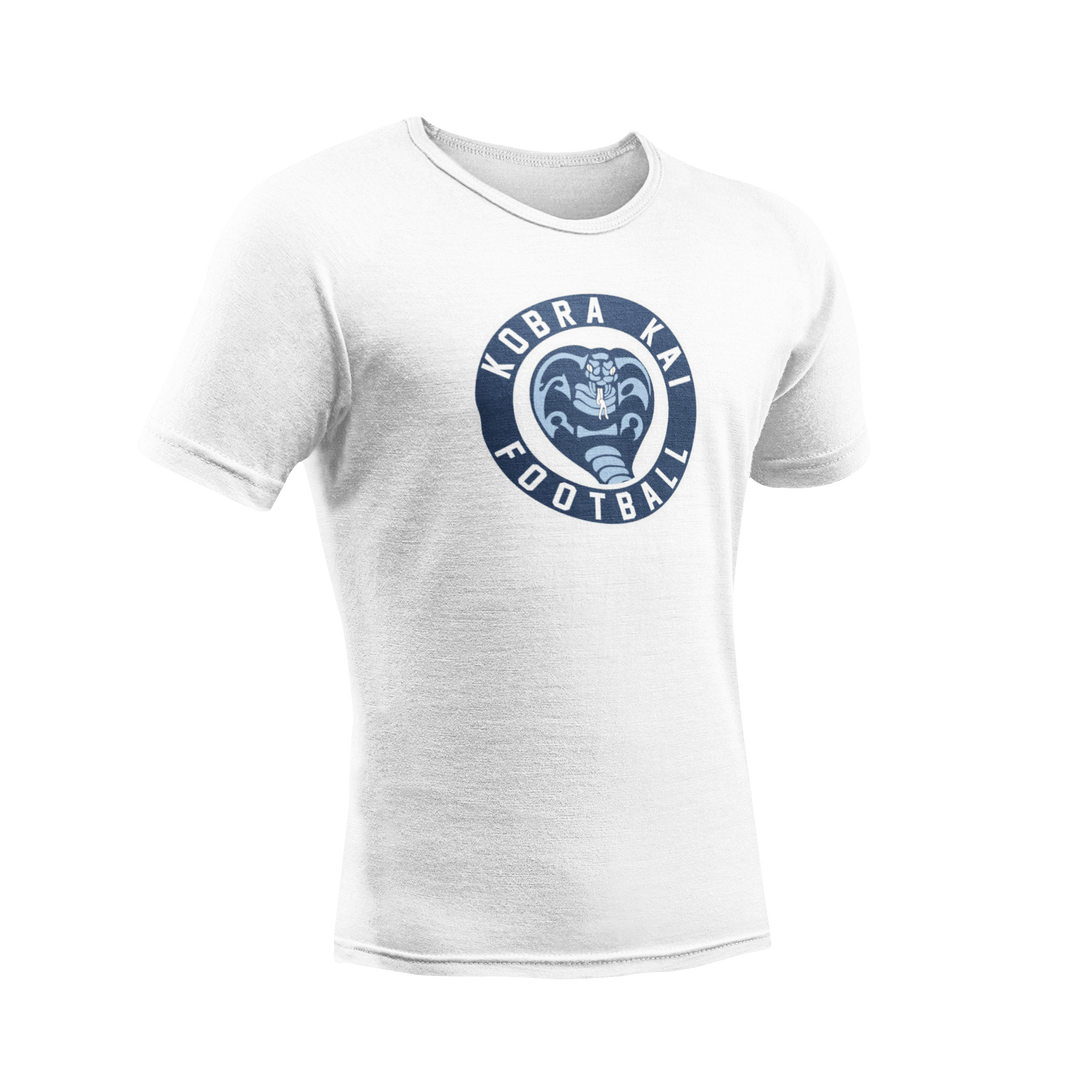 A white short-sleeve crewneck t-shirt featuring a circular navy blue graphic on the chest with a cobra snake and the text &