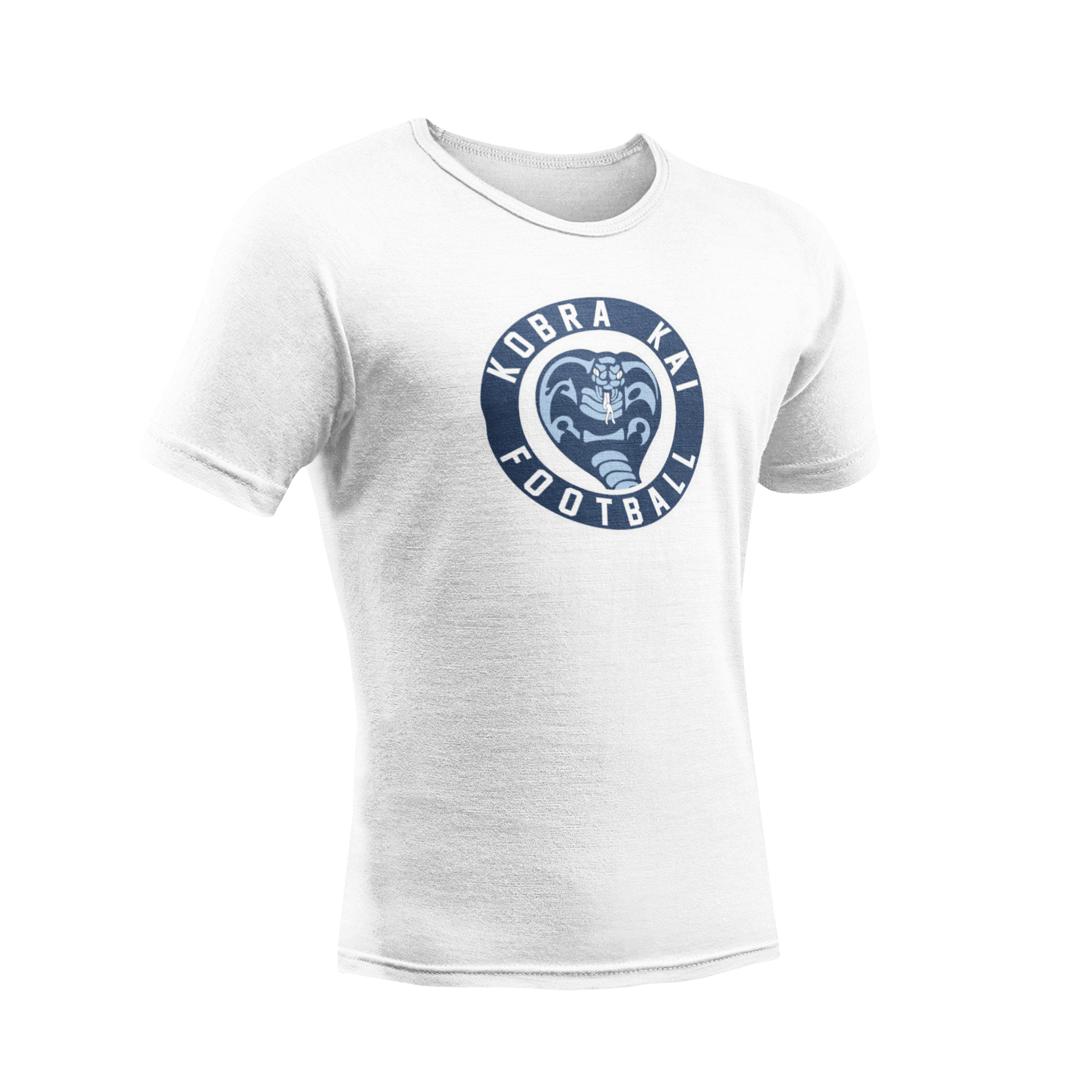 A white short-sleeve crewneck t-shirt featuring a circular navy blue graphic on the chest with a cobra snake and the text 'Kobra Kai Football'.
