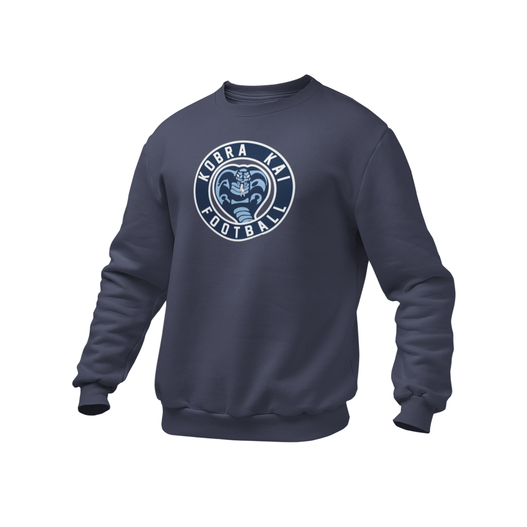 A navy crewneck sweatshirt featuring a circular 'KOBRA KAI FOOTBALL' logo printed on the chest.