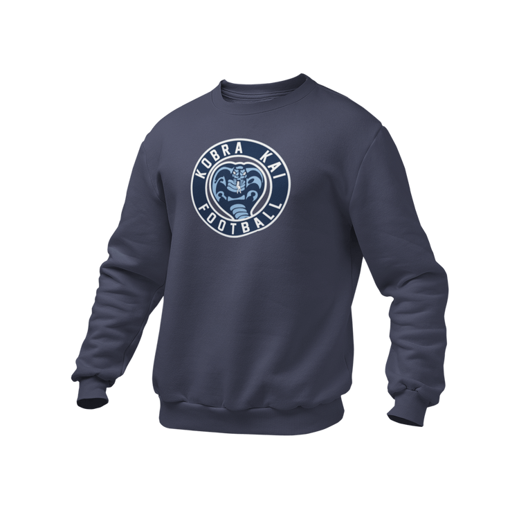 A navy crewneck sweatshirt featuring a circular 'KOBRA KAI FOOTBALL' logo printed on the chest.