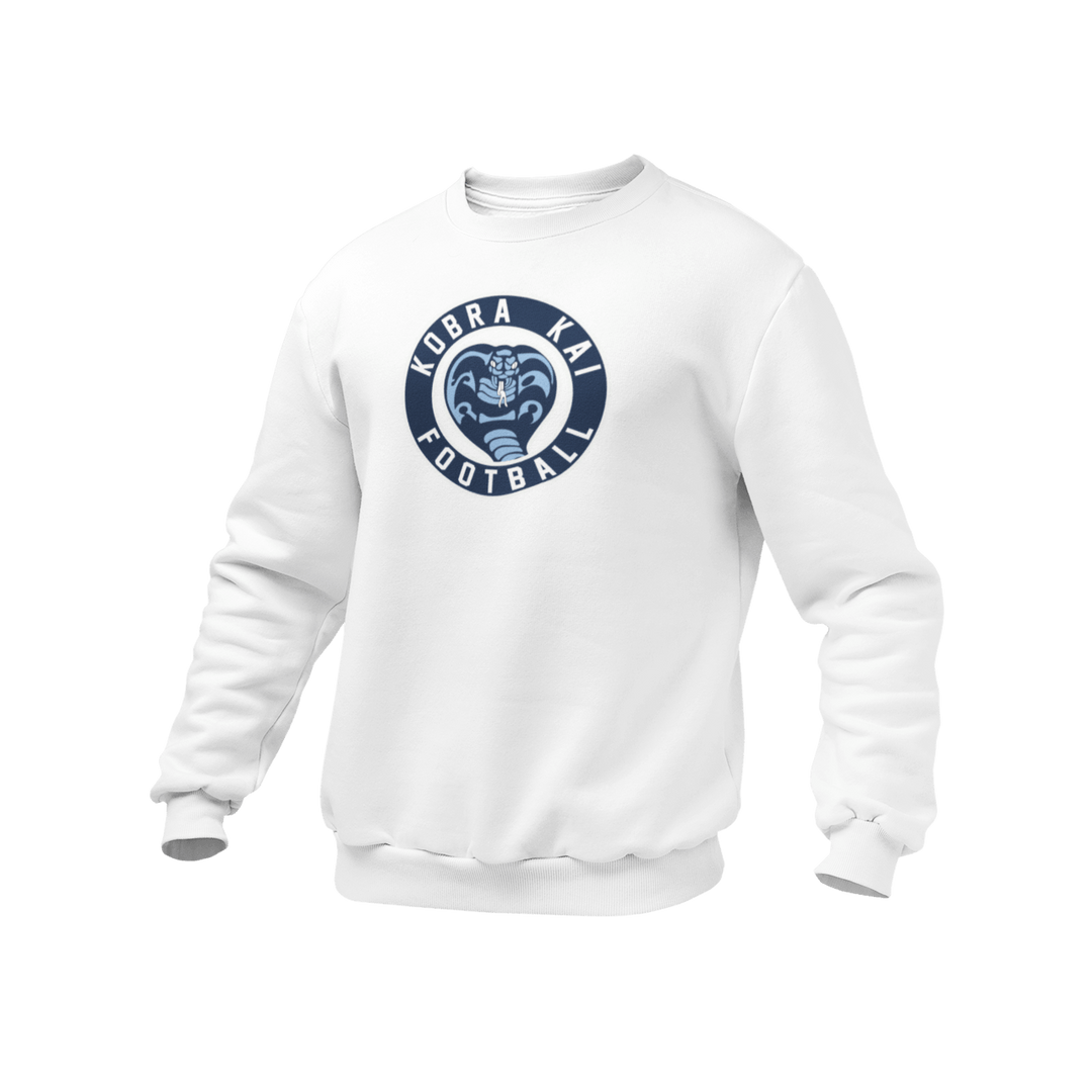 A white crewneck sweatshirt featuring a circular &