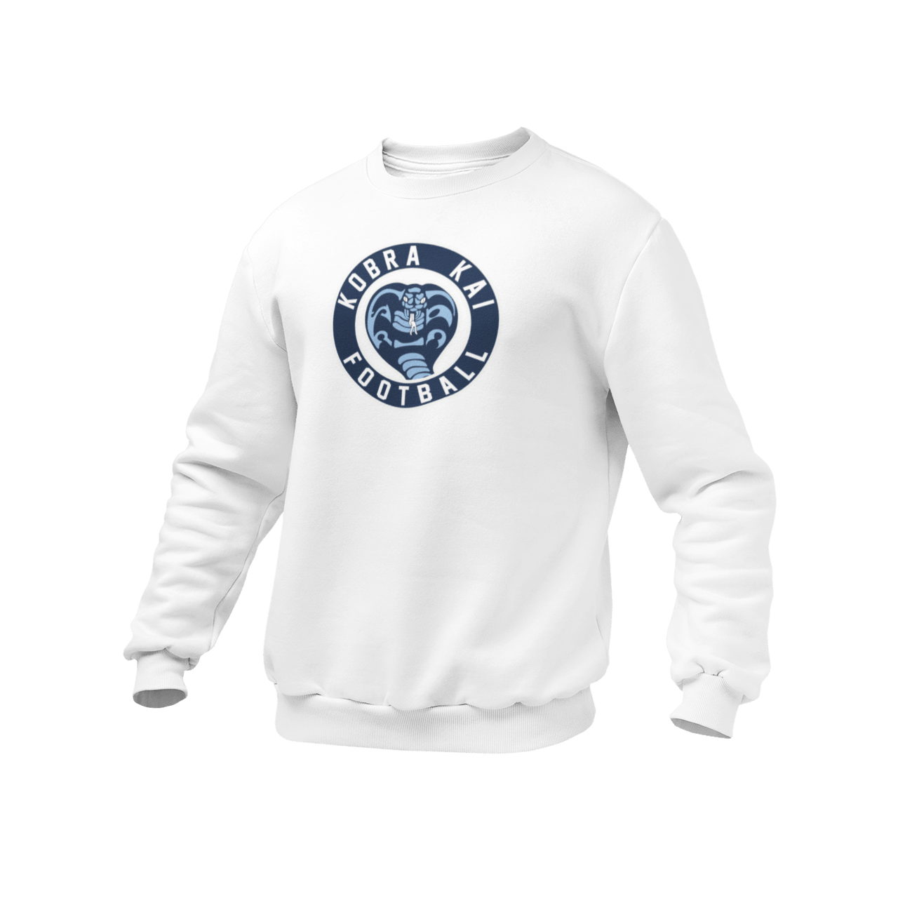 A white crewneck sweatshirt featuring a circular 'KOBRA KAI FOOTBALL' logo printed on the chest.