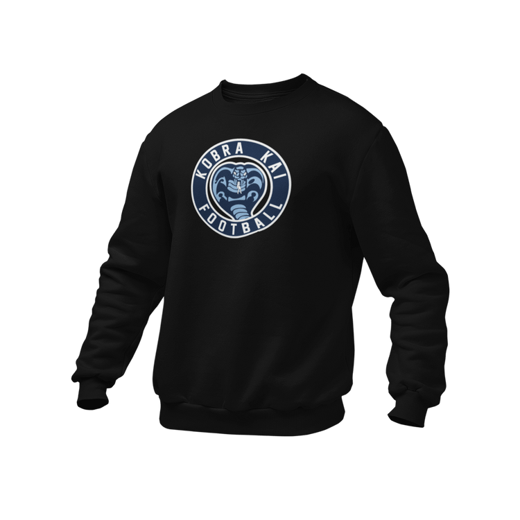 A black crewneck sweatshirt featuring a circular 'KOBRA KAI FOOTBALL' logo printed on the chest.