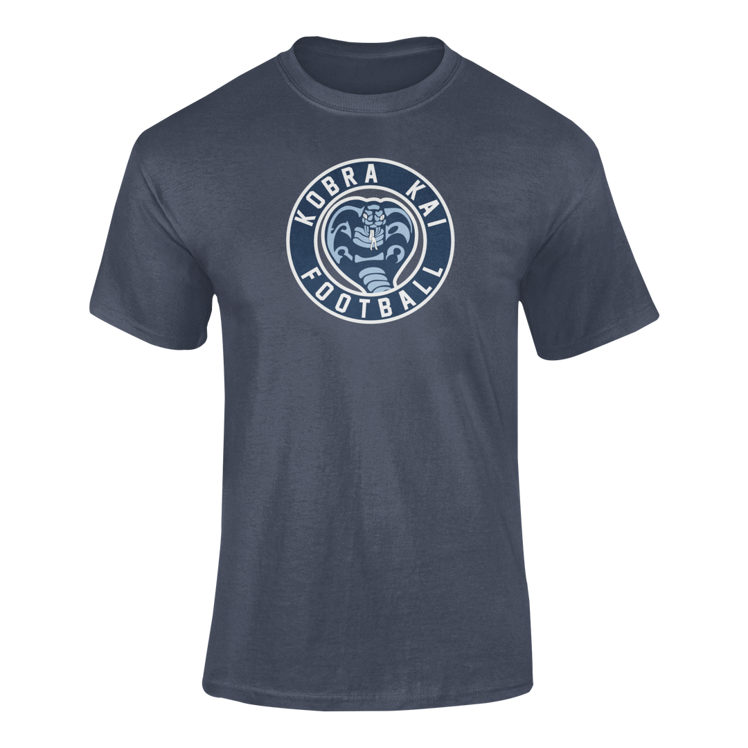 A navy short-sleeve performance t-shirt featuring a graphic print on the chest that reads &