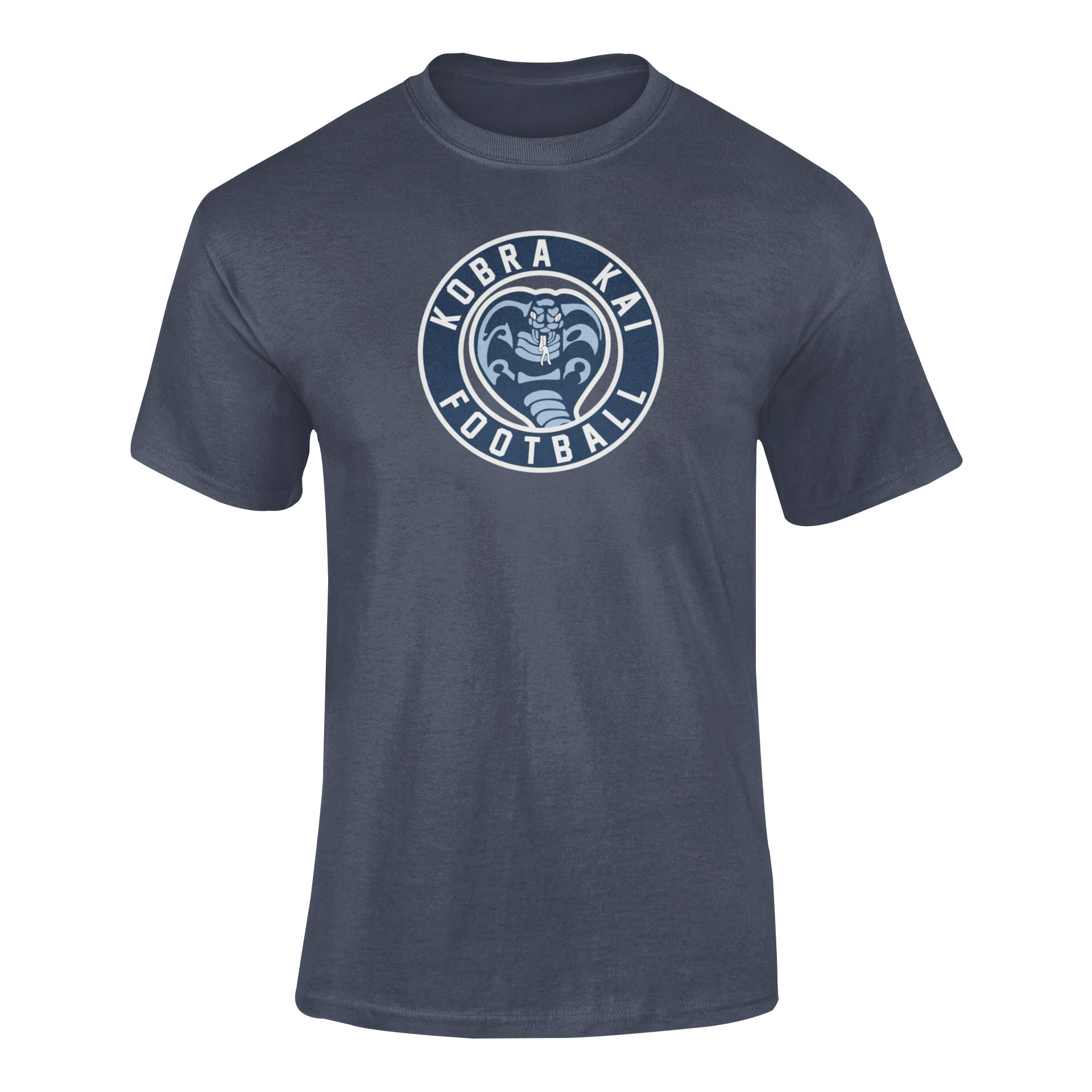 A navy short-sleeve performance t-shirt featuring a graphic print on the chest that reads 'Kobra Kai Football'.