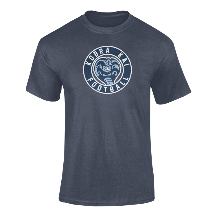 A navy short-sleeve performance t-shirt featuring a graphic print on the chest that reads 'Kobra Kai Football'.