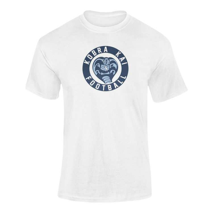 A white short-sleeve performance t-shirt featuring a graphic print on the chest that reads 'Kobra Kai Football'.