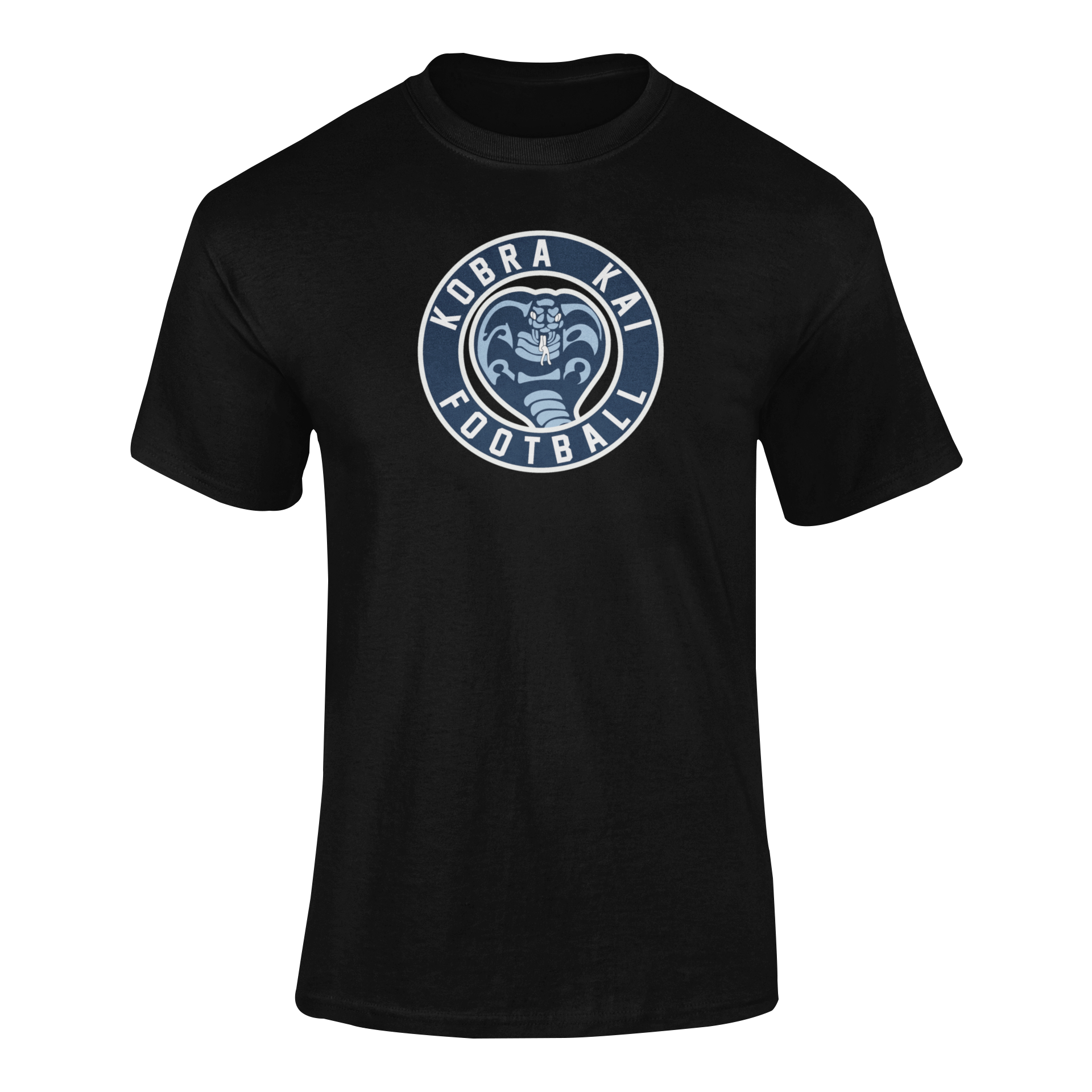 A black short-sleeve performance t-shirt featuring a graphic print on the chest that reads 'Kobra Kai Football'.