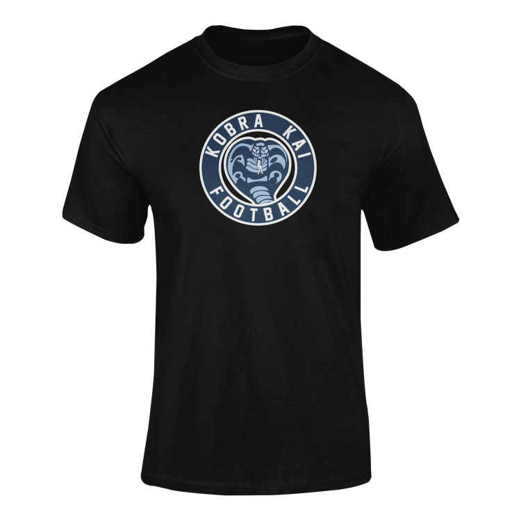 A black short-sleeve performance t-shirt featuring a graphic print on the chest that reads 'Kobra Kai Football'.