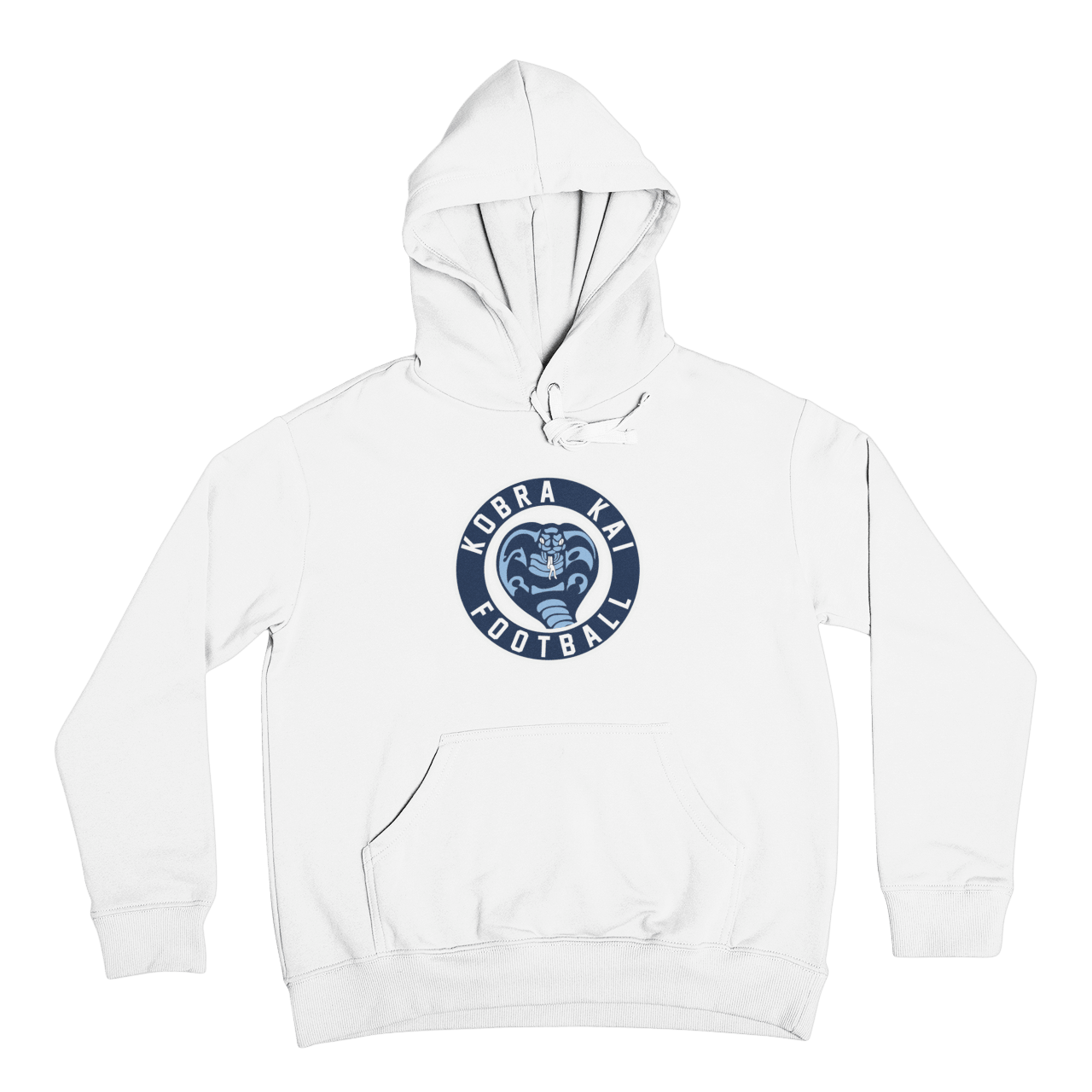 A white pullover hoodie with a circular 'KOBRA KAI FOOTBALL' logo printed on the center chest.