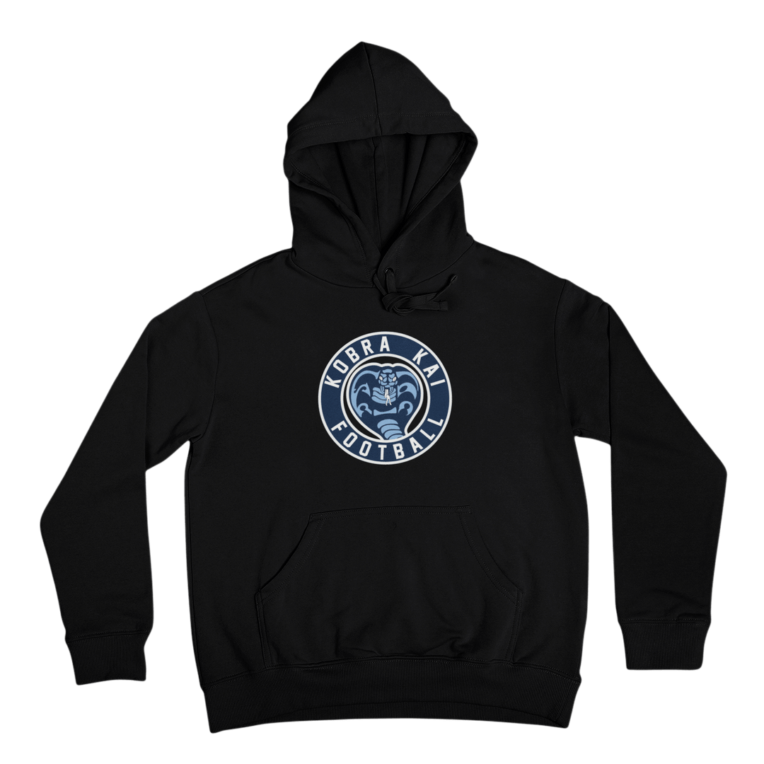 A black pullover hoodie with a circular &