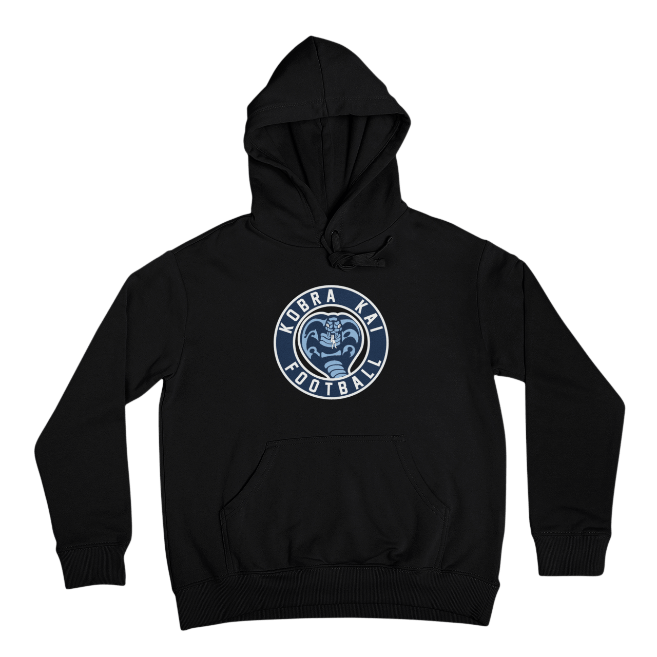 A black pullover hoodie with a circular 'KOBRA KAI FOOTBALL' logo printed on the center chest.