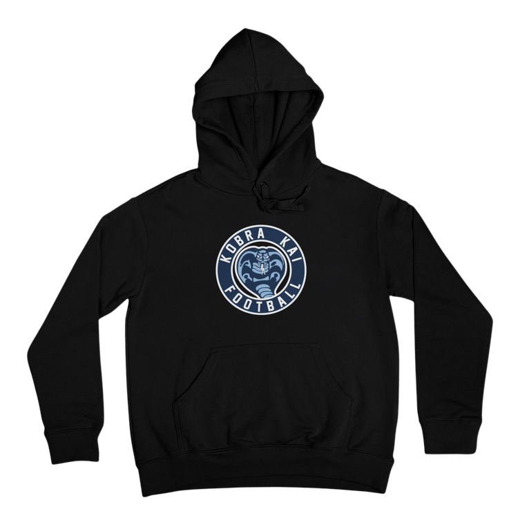 A black pullover hoodie with a circular 'KOBRA KAI FOOTBALL' logo printed on the center chest.