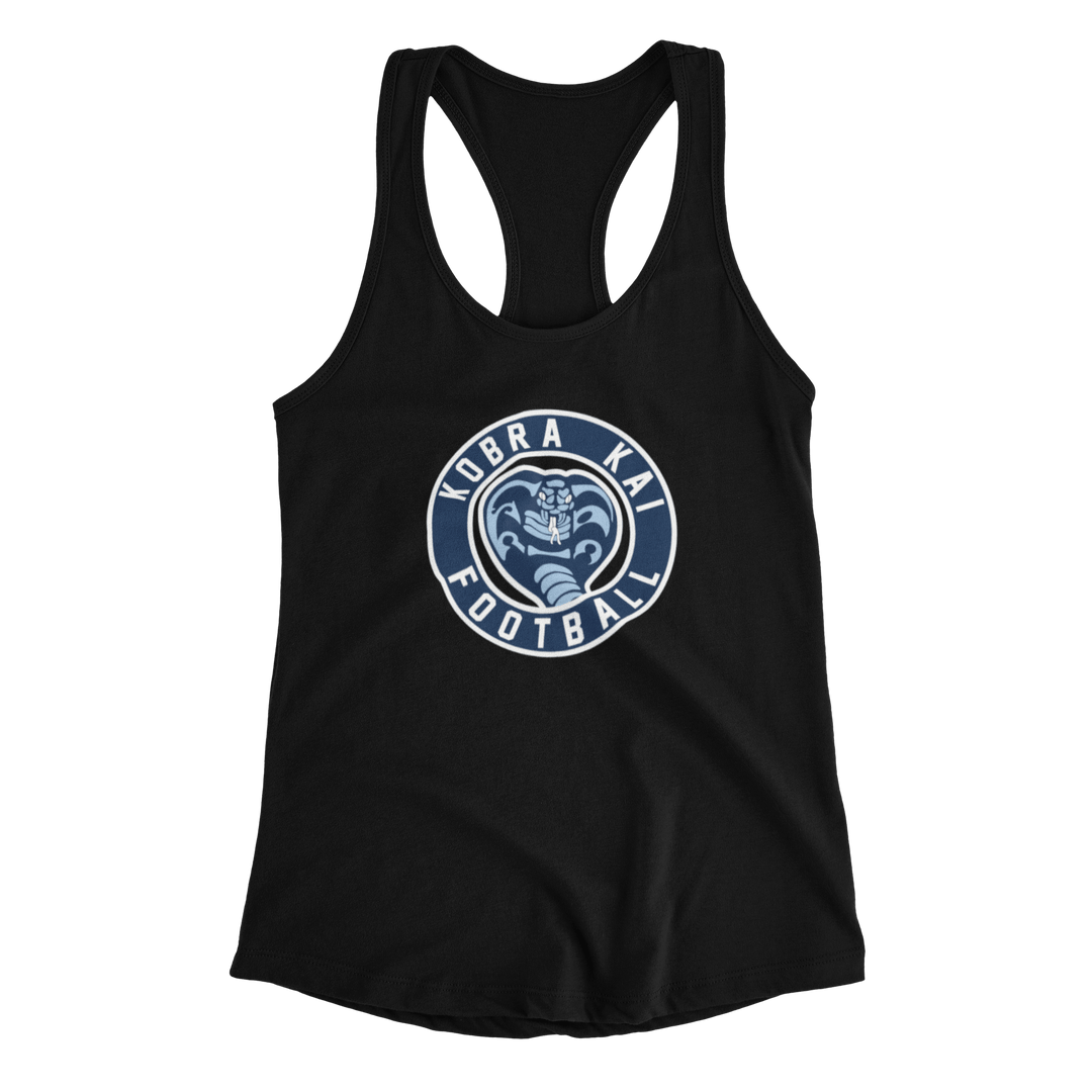 A black racerback tank top featuring a circular graphic on the chest with a blue and white cobra snake and the words 'Kobra Kai Football'.